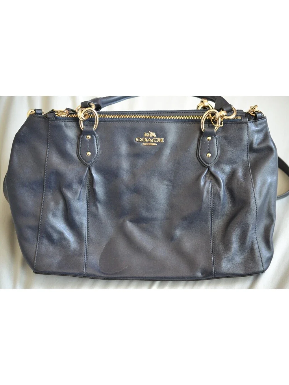 Coach Kristin Navy Leather Triple Zip Satchel Shoulder Bag Gold Hardware